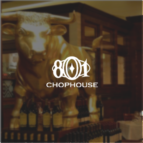the 801 Chophouse logo laid overtop a picture inside the restaurant